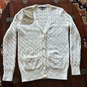 Vintage 1980 Ralph Lauren Cream Cable Knit Button Down Cardigan Tan Suede Patch